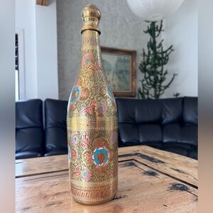 Large Vintage Brass Wine Bottle beautifully etched